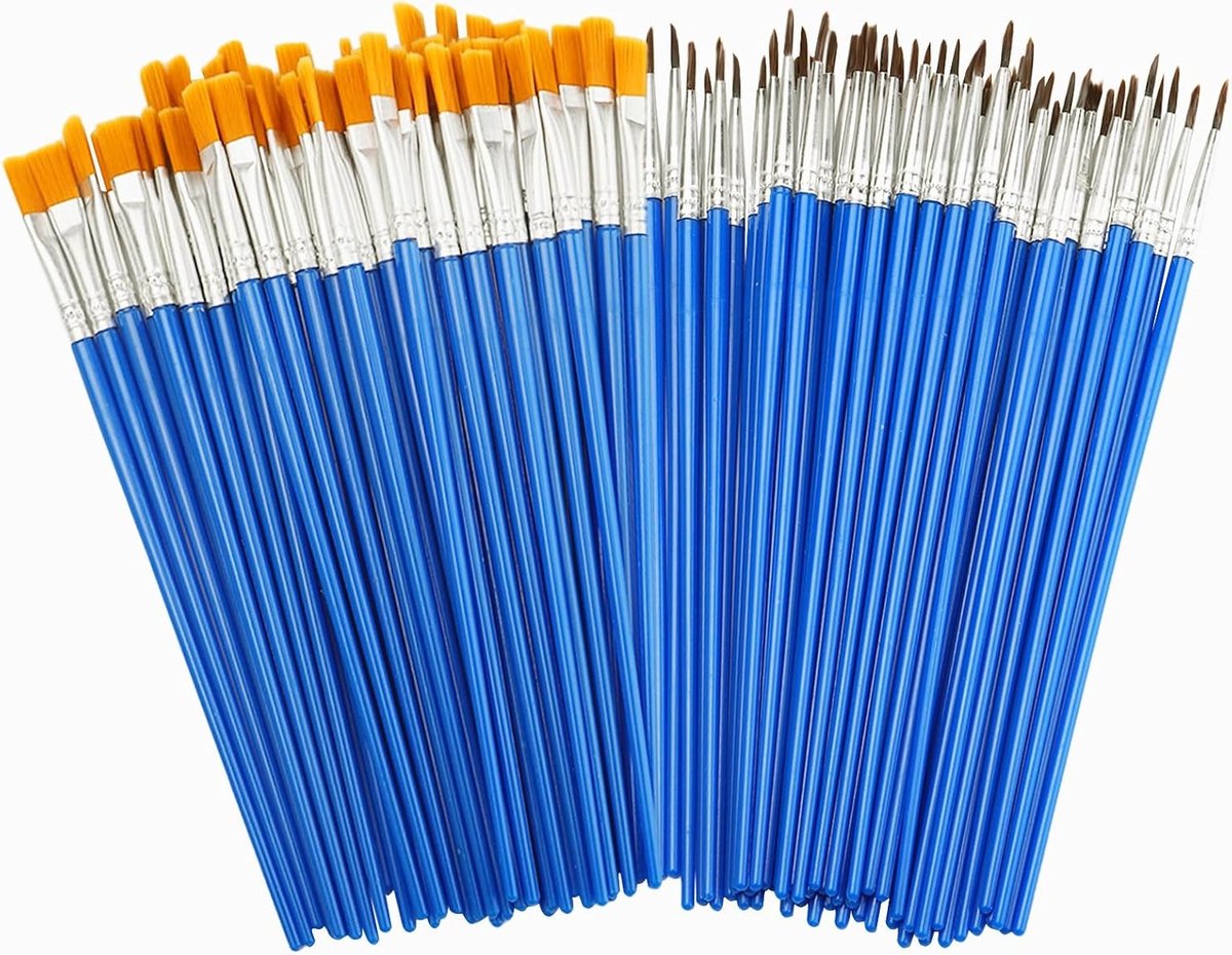 Complete Set van 100 Verfkwasten - 50 Ronde en 50 Platte Nylon Kwasten voor Schilderen, Tekenen en Creatieve Projecten voor Kinderen en Volwassenen