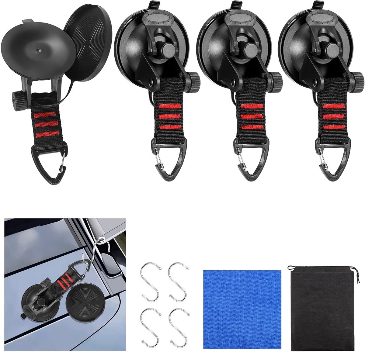 Set van 4 Sterke Zuignappen met Stofkap, Ideaal voor Ramen, Auto, Camping en Tegels, Inclusief Ruitenwisser en S-Haken, Veelzijdige Oplossing voor Bevestigen en Ophangen