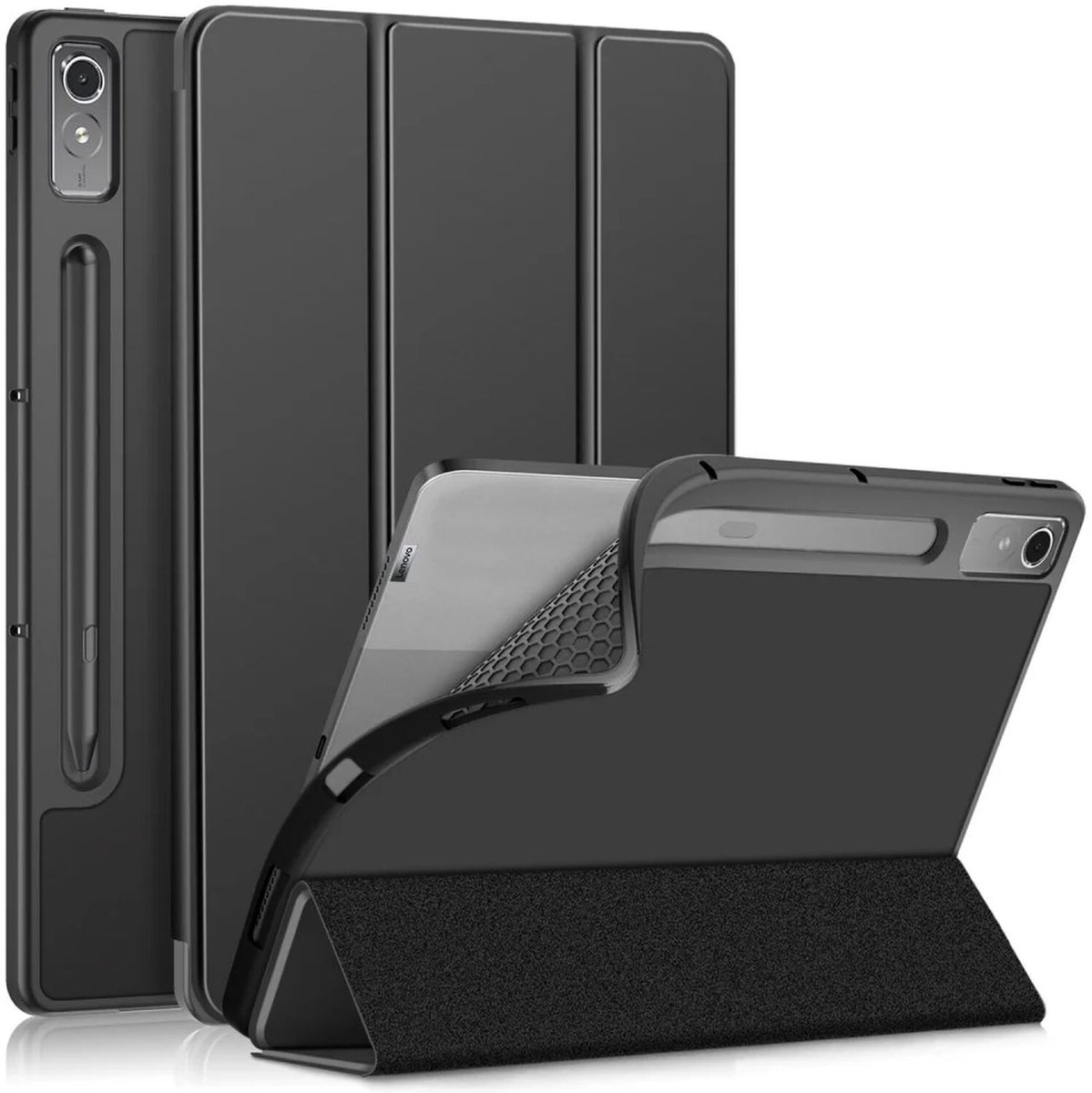 Lenovo Tab P12 Hoes Tri-Fold Book Case met Sleep/Wake Zwart