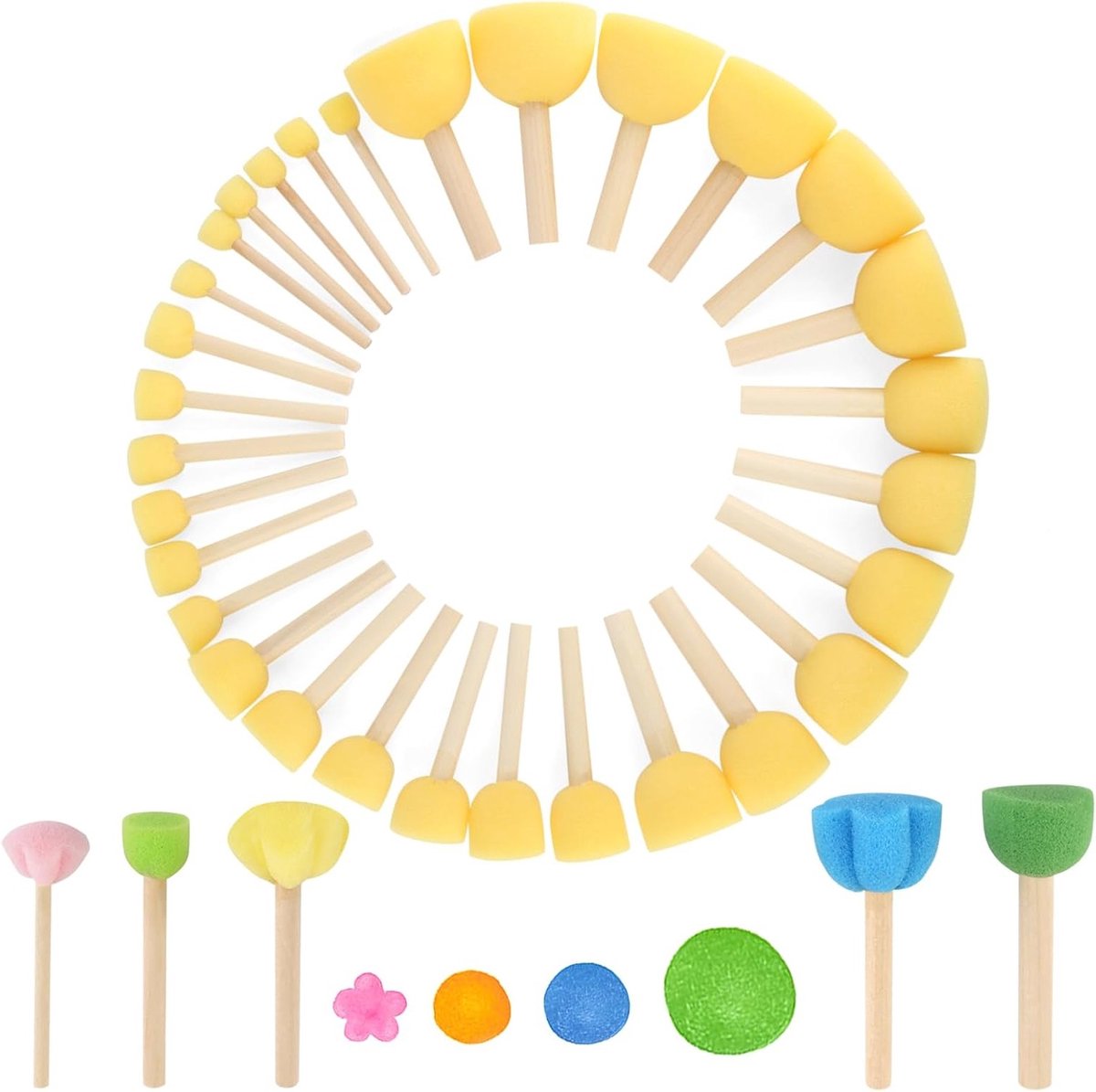 Set van 30 kindvriendelijke sponskwasten met houten handvat, ideaal voor schilderen en knutselen, inclusief 5 bloemen- en paddenstoelenstokken
