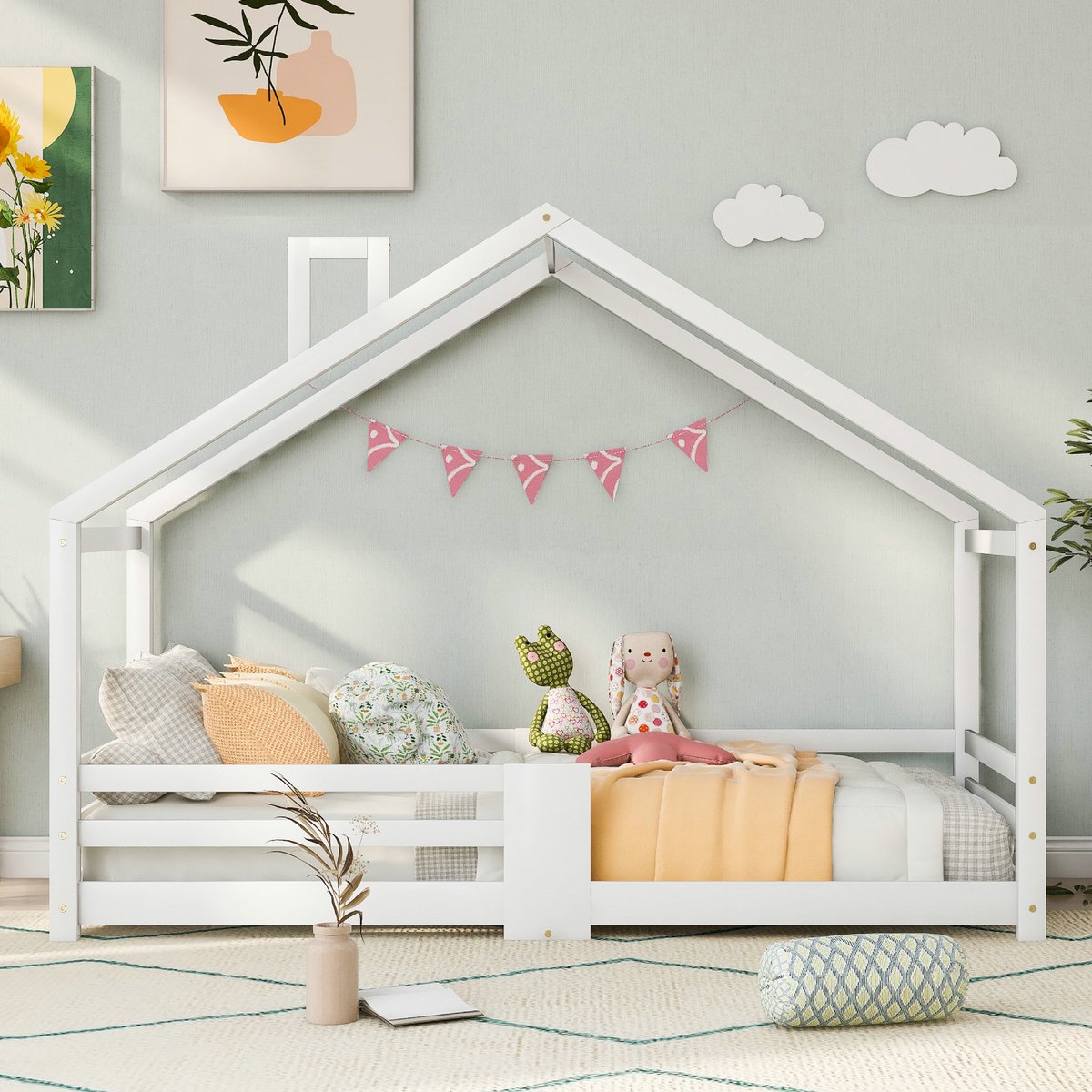 VVBV Huisbed 90x200 cm met Voor Kinderen/Tieners, Huisdesign - Uitvalbeveiliging - Massief Hout Wit - Zonder Matras
