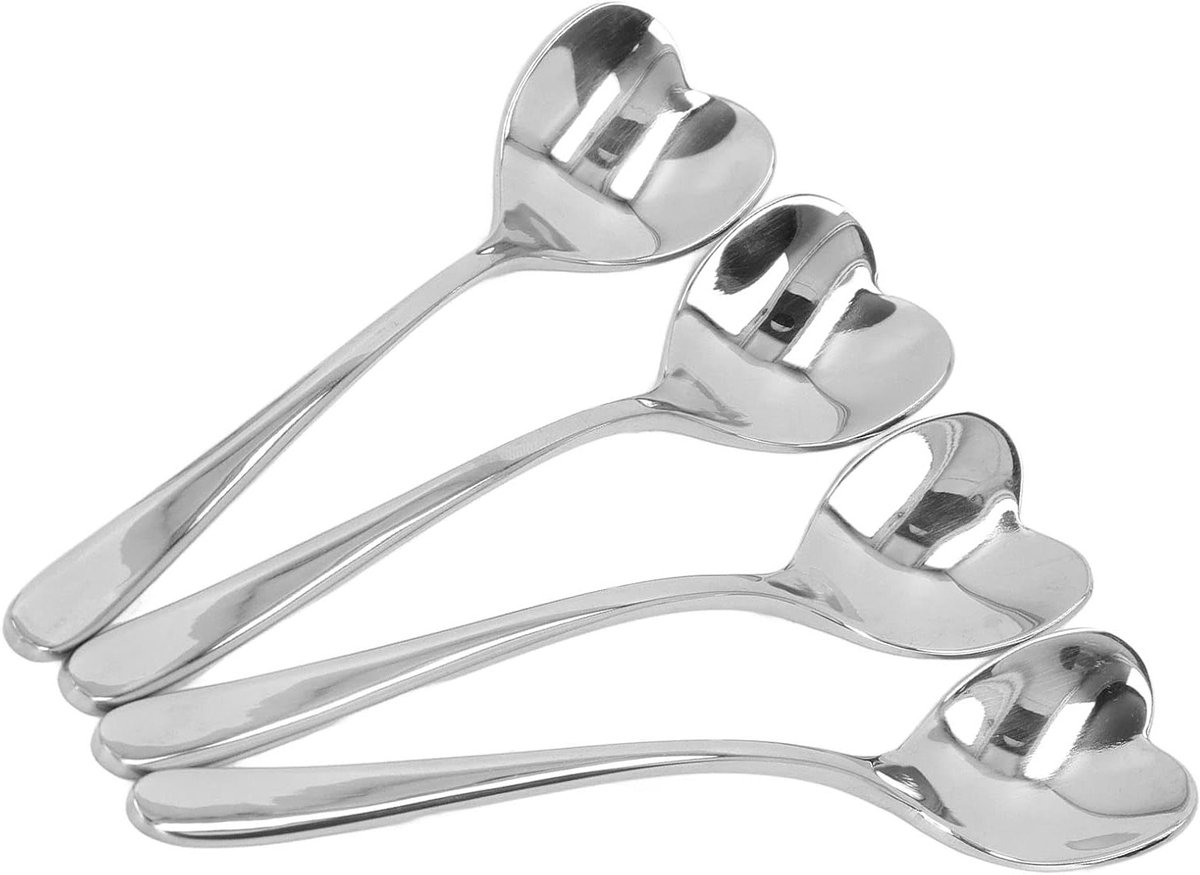 Set van 4 roestvrijstalen koffielepels met hartvorm, kleine dessertlepels voor koffie, suiker en desserts, 102 x 24 mm