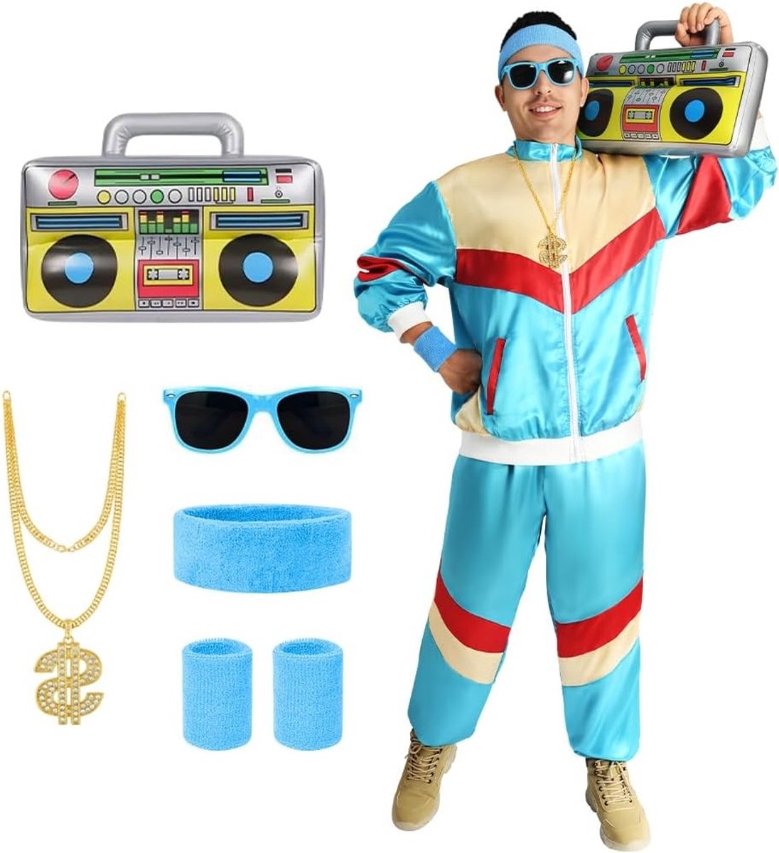 80s Kostuum voor Mannen en Vrouwen met Dollar Ketting en Opblaasbare Radio, Retro Trainingspak voor Carnaval, Halloween en Feestjes, Neon Outfit voor Cosplay