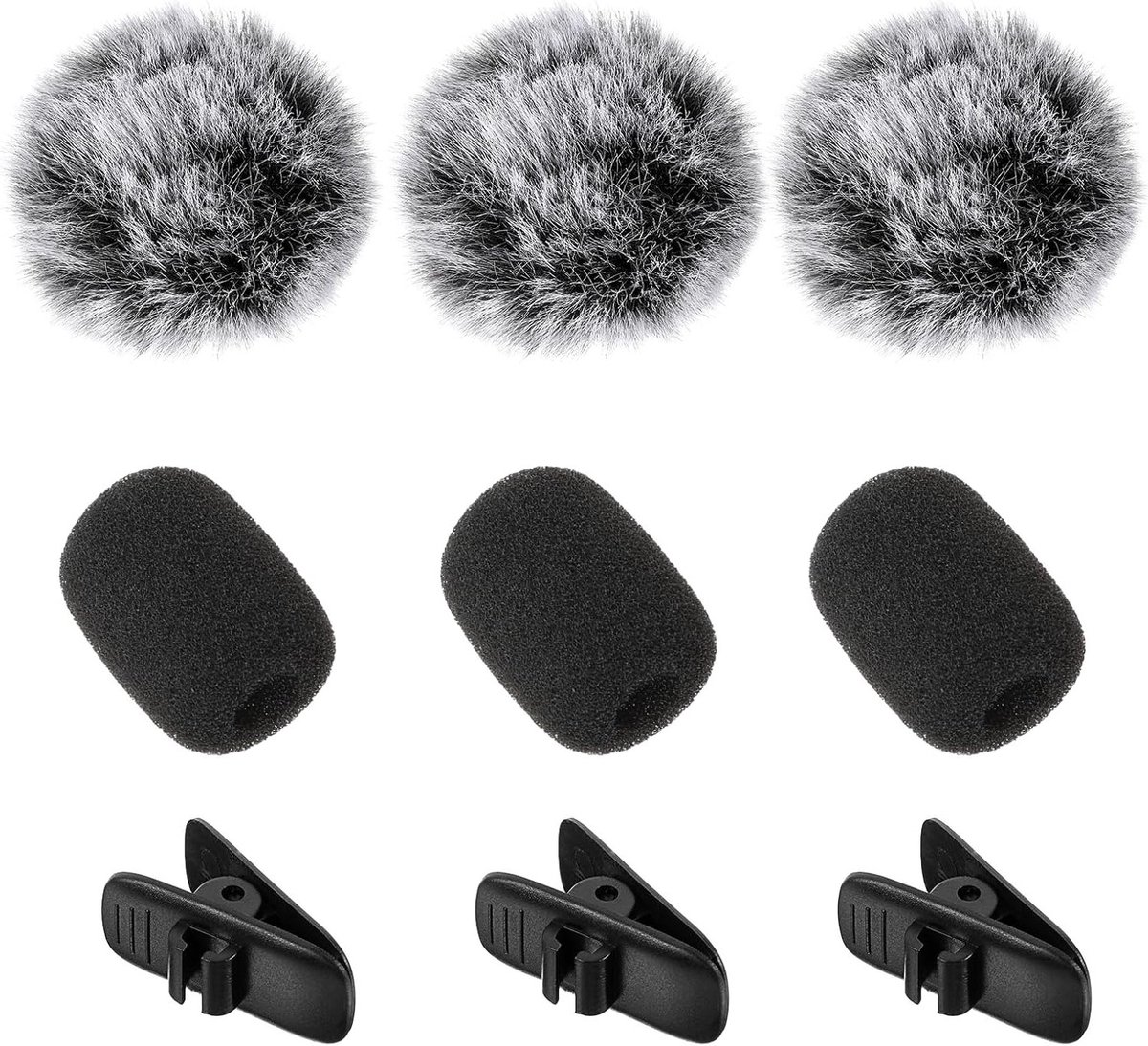 Set van 9 Stuks Microfoon Windschermen voor Lavalier Microfoons, Schuim Covers met Clips voor Oordopjes en Draadclips, Fuzzy Windscreen en Schuim Covers voor Binnengebruik en Professionele Opnames