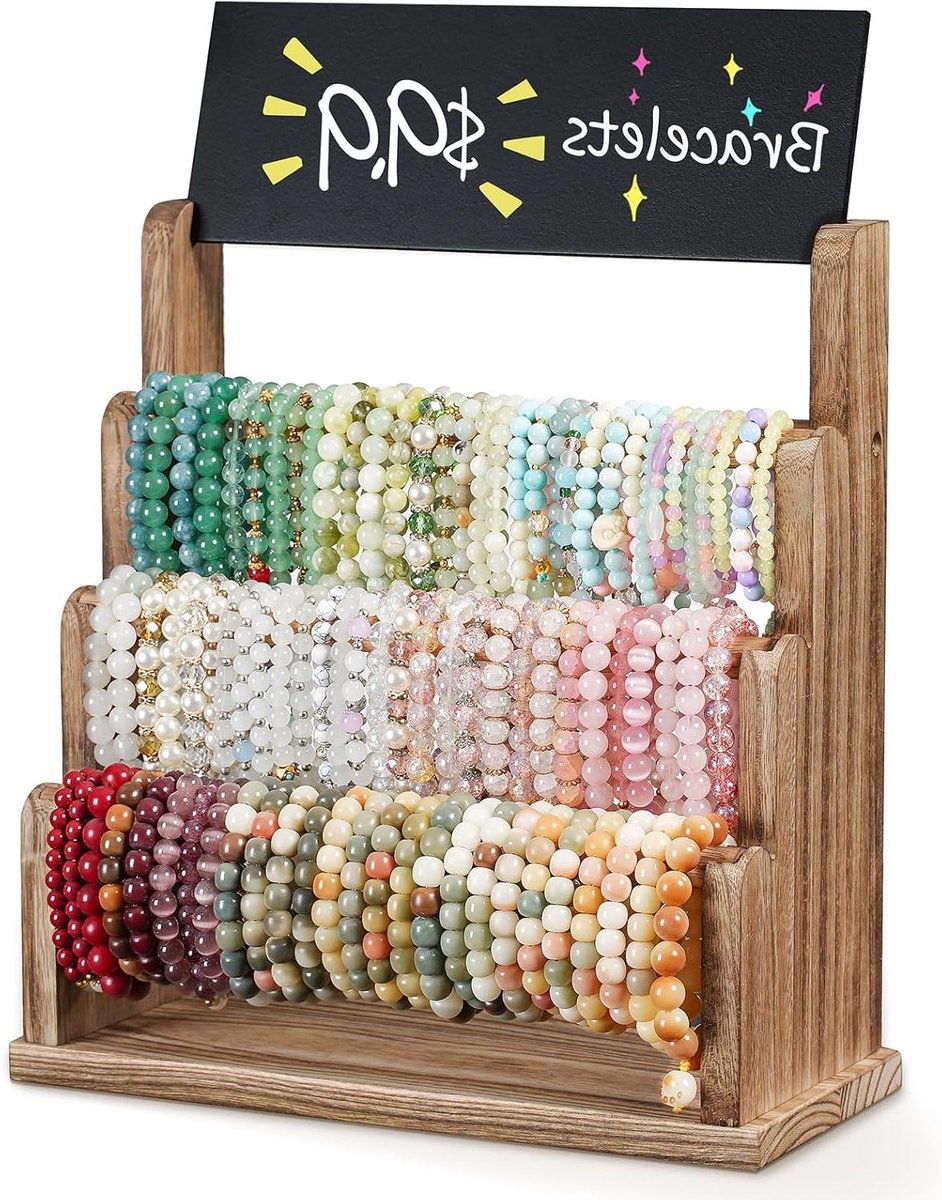 Drie-laags armbandhouder met reclamebord, houten sieradenopslag voor armbanden en scrunchies, ideaal voor markten en ambachtelijke shows