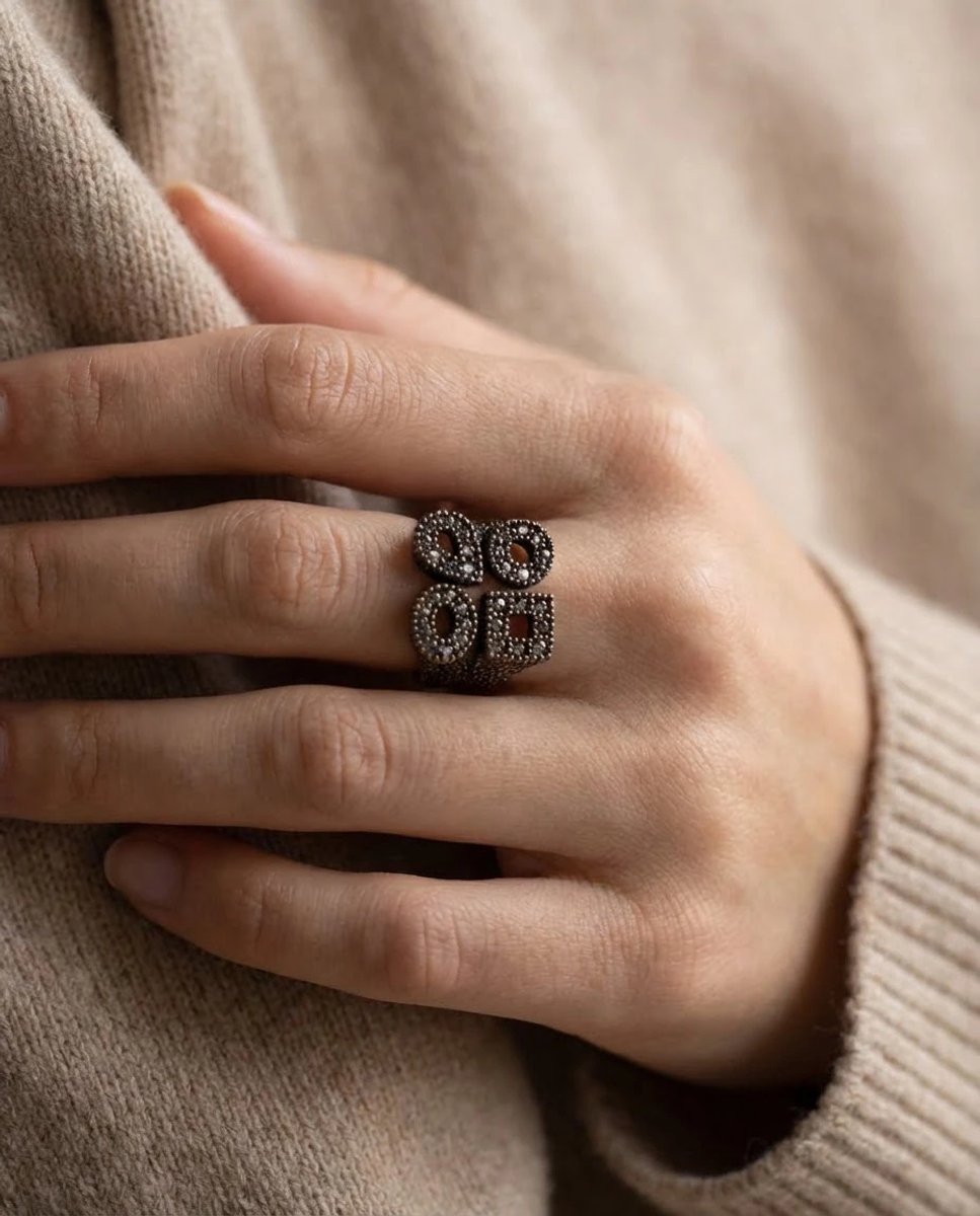 Dorvina Bronzen Sieraad Authentiek Markazit Steen Ovaal Kesim Vierkant Geometrisch Model Verstelbaar Vintage Dames Ring