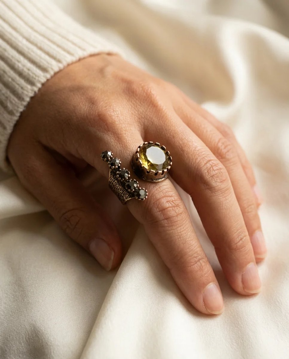 Dorvina Bronzen Sieraad Kleur Kleurveranderend Zultanit Steen Van Voren Verstelbaar Rond Kesim Antiek Vintage Dames Ring