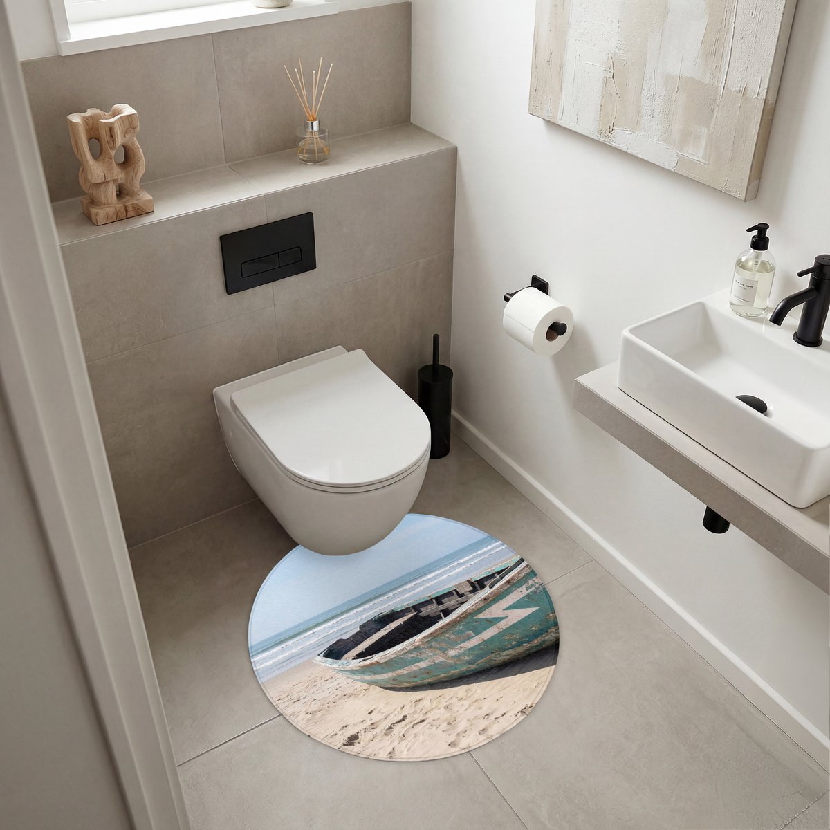 WC mat rond 70x70 cm - Antislip - Boot - Zandstrand - Zee - Toiletmat - Vloermat - Douchem