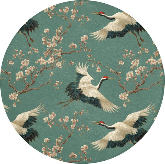 Badmat rond 70x70 cm - Antislip - Kersenbloesem - Kraamvogels - Groen - Badmatten voor badkamer - Badkamermat - Douchemat - Ronde badkamer mat