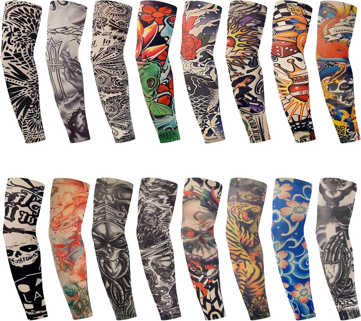 Set van 16 Tattoo Mouwen voor Arm Bedekking, Zonnebescherming en Carnaval, Unisex, 40 x 8.5 cm