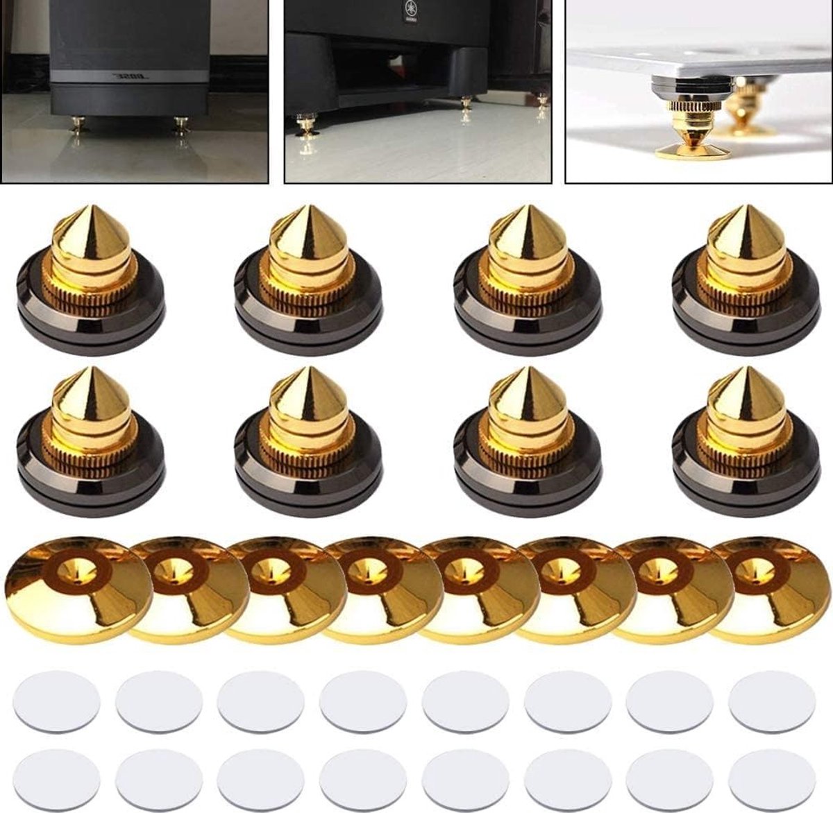 Set van 8 Gouden Speaker Spikes voor CD Spelers, Subwoofers en Versterkers - Schokbestendige Isolatievoeten van Massief Messing voor Betere Geluidskwaliteit en Stabiliteit