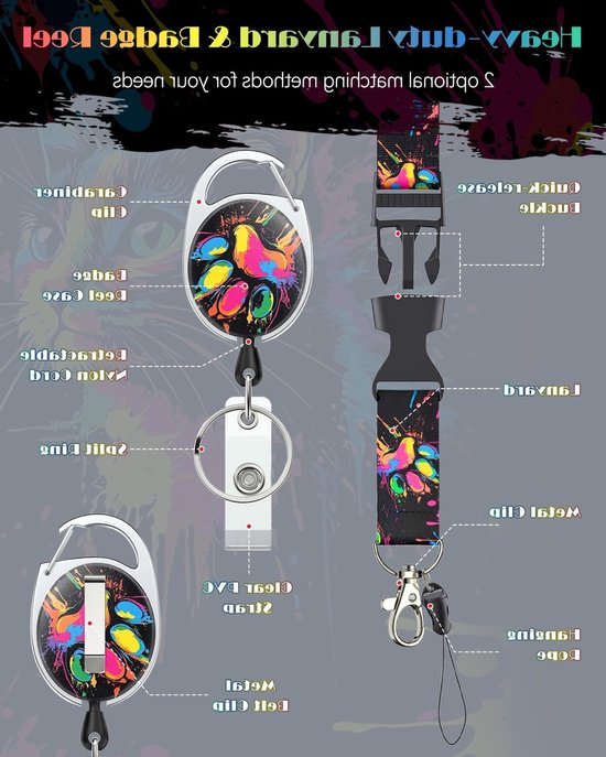 Stijlvolle Badgehouder met Kattenprint en Retractable Reel, Inclusief Lanyard en Carabiner Clip voor Werknemers en Verpleegkundigen van Merkloos — afbeelding 4