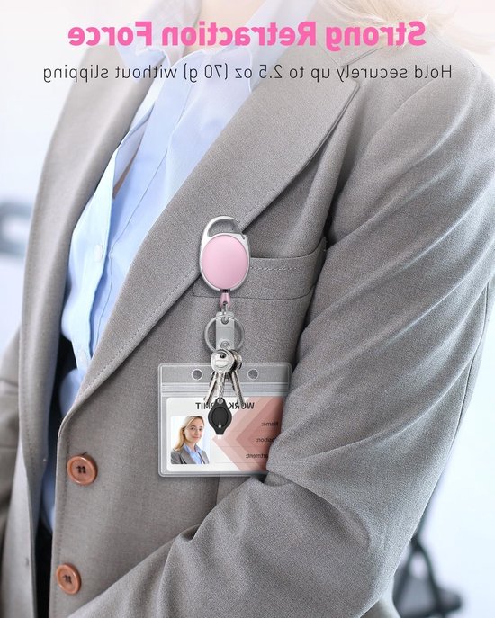 Set van 2 Oprolbare Badge Reel voor Badgehouder - Stevige Sleutelhanger met RVS Veer, 24 Inch Nylon Touw, Karabijnhaak en Sleutelhanger in Roze, Ideaal voor Werk en Evenementen van Merkloos — afbeelding 5