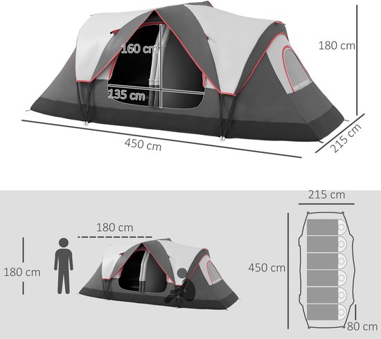 Campingtent 2 Kamers - 6-8 Persoons Gezinstent - Met Tussenscherm En Regenhoes - Voor Familie En Outdoor - Grijs — afbeelding 4