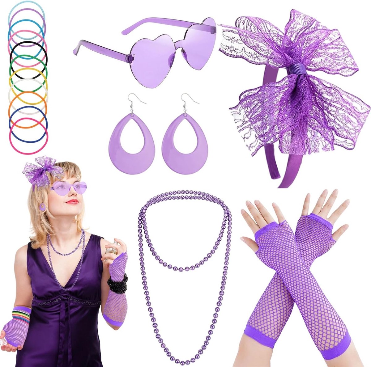 Stijlvolle jaren 80 en 90 feestoutfit voor dames met accessoires zoals zonnebril, armband en oorbellen