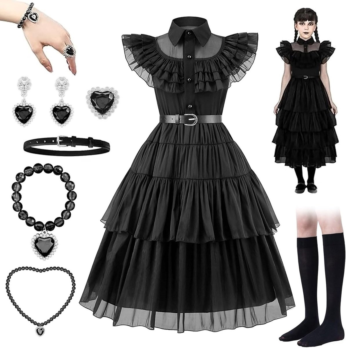 Halloween Kostuum voor Meisjes - Wednesday Addams Jurk in Gothic Lolita Stijl voor Feestjes en Verkleedpartijen