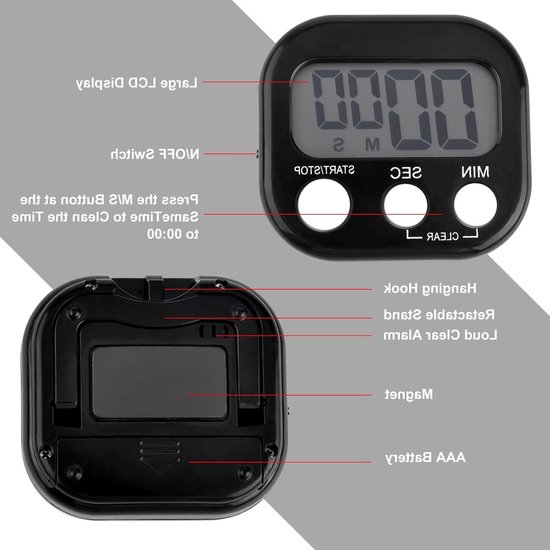 Digitale Keuken Timer met Alarmfunctie - Magnetische Stopwatch voor Koken, Studie en Training (Zwart) — afbeelding 5
