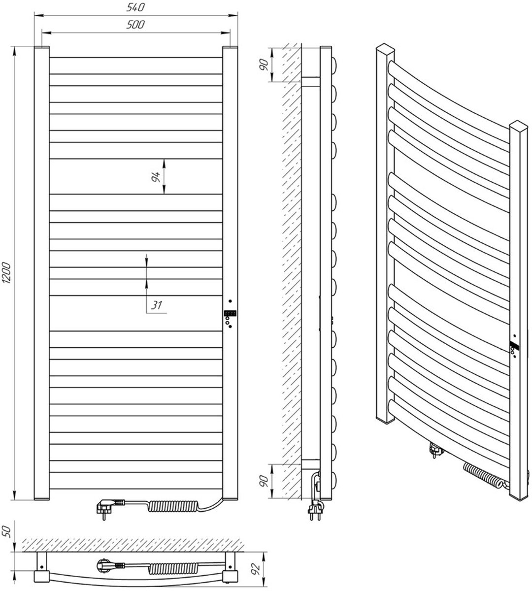 Elektrische handdoekradiator ATLANT PREMIUM 500x1200 met ECO-timer, 300W, Wit