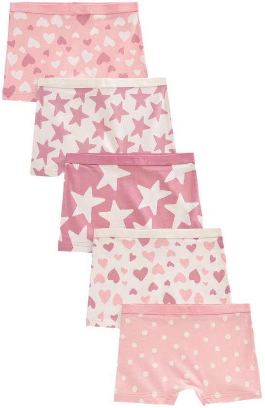 Set van 5 roze boxershorts met patronen van hartjes, sterren en stippen.