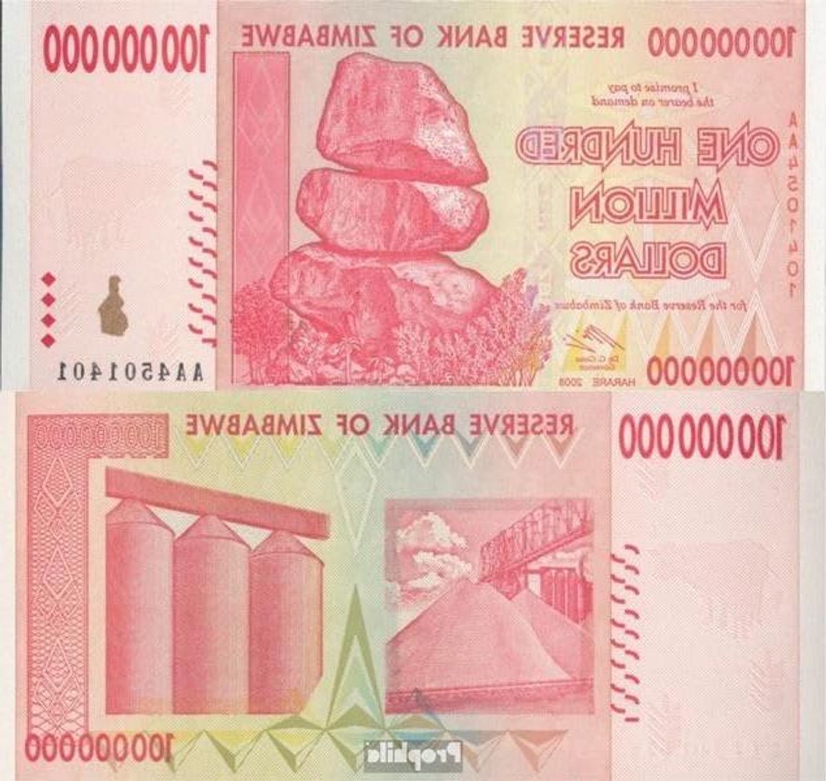 Bankbiljet Zimbabwe - Verzamelbiljet Dollar - Verzamelen van Papiergeld - Origineel en Echt - 100 Miljoen - Roze