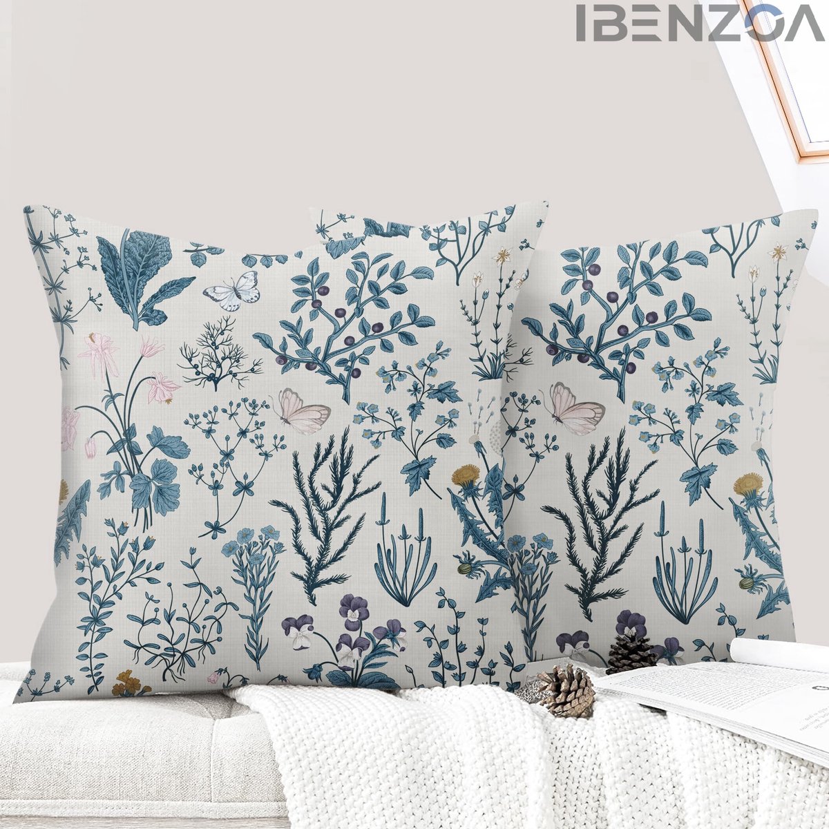 Ibenzoa Kussensloop Set van 2 - Bloemenmotief - 45x45 cm - Kort Pluche Blauw