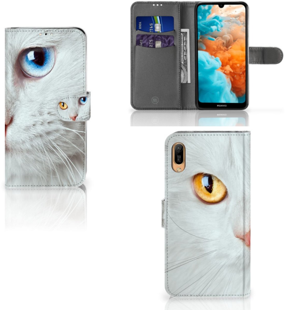 Huawei Y6 (2019) Telefoonhoesje met Pasjes Witte Kat