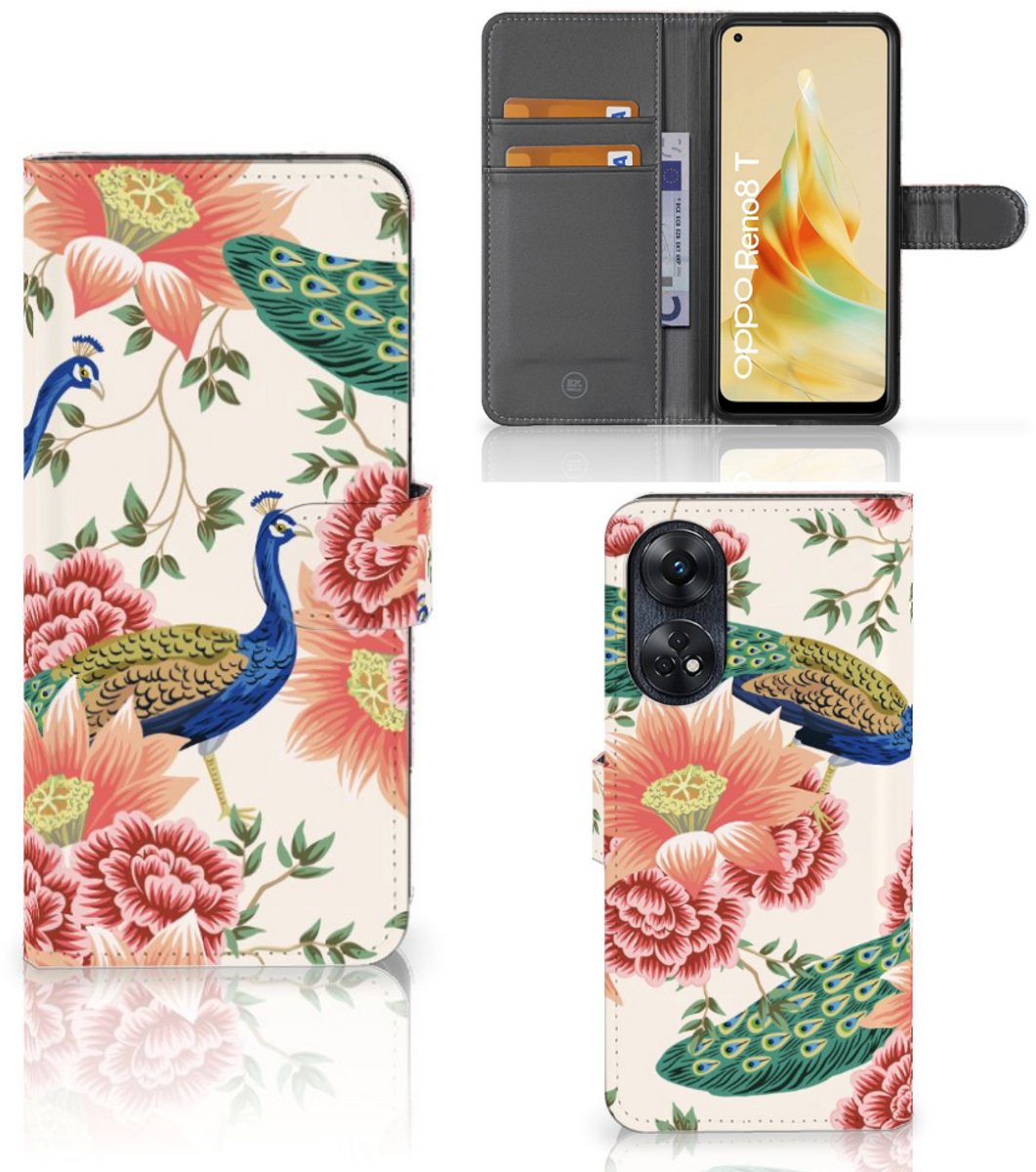 Telefoonhoesje met Pasjes voor OPPO Reno8 T 4G Pink Peacock