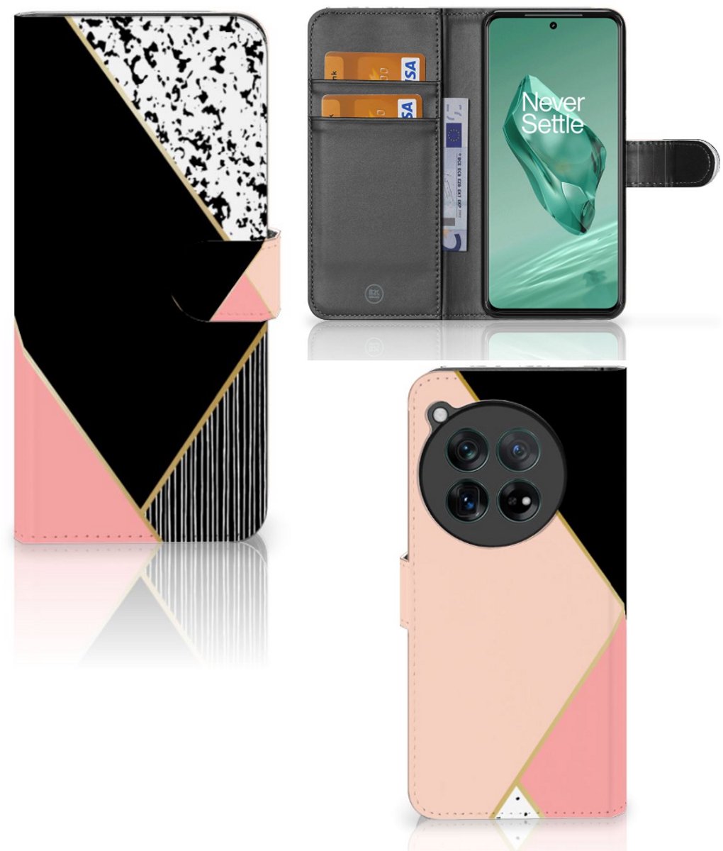 Book Case voor OnePlus 12 Book Case Zwart Roze Vormen
