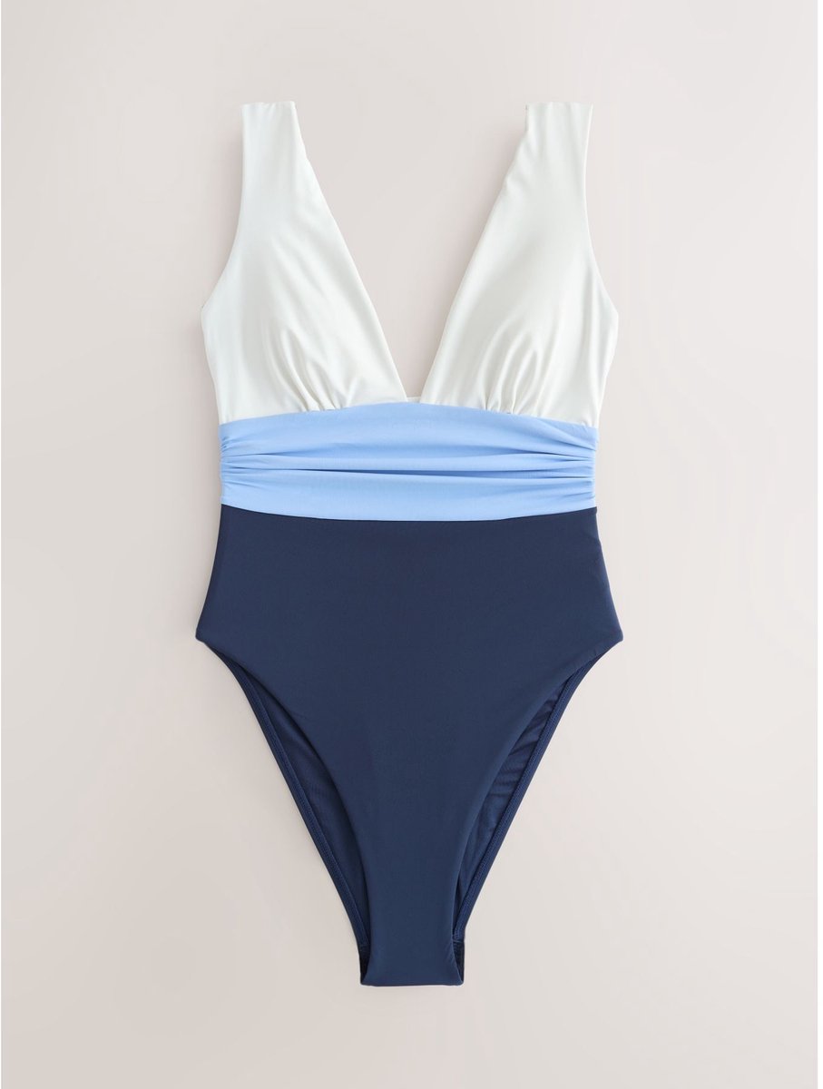 Next Dames - Diepuitgesneden buikbedekkend badpak - Tall - Wit Navy/White