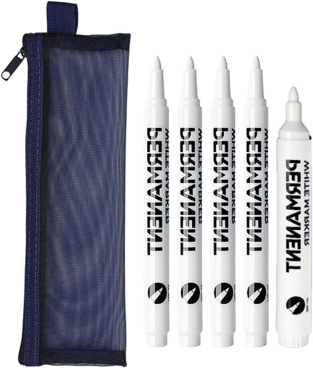 Vijf Stuks Permanente Marker Set voor Diverse Oppervlakken - Waterdicht, Sneldrogend en Ideaal voor Steen, Keramiek, Glas, Hout, Stof en Metaal