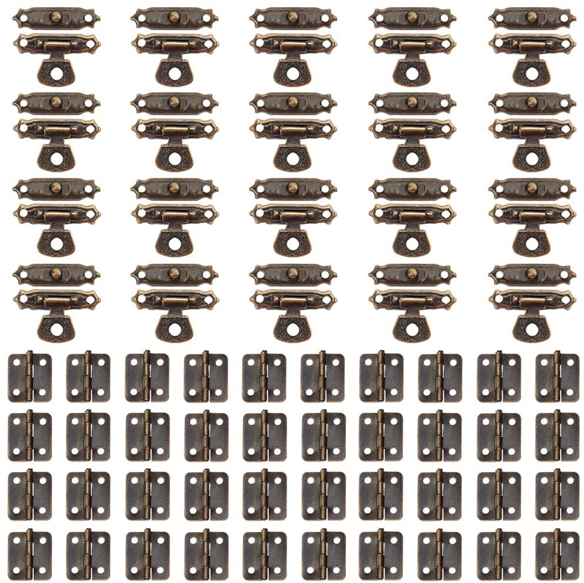 Allecto - Antieke mini scharnieren - Retro sluitingen - 40 sets - Antiek brons - Decoratieve gespen - Voor houten kast en juwelendoos - 240 schroeven
