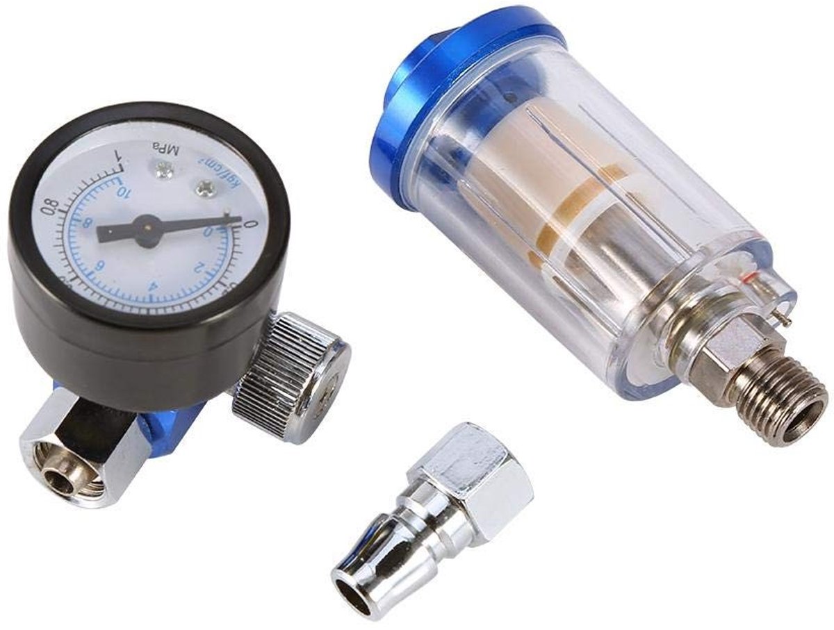 Allecto - Druckregler - Mini luchtdrukregler - Voor spuitpistolen - Compact formaat - Manometer met olie-waterfilter - Geschikt voor pneumatische t...