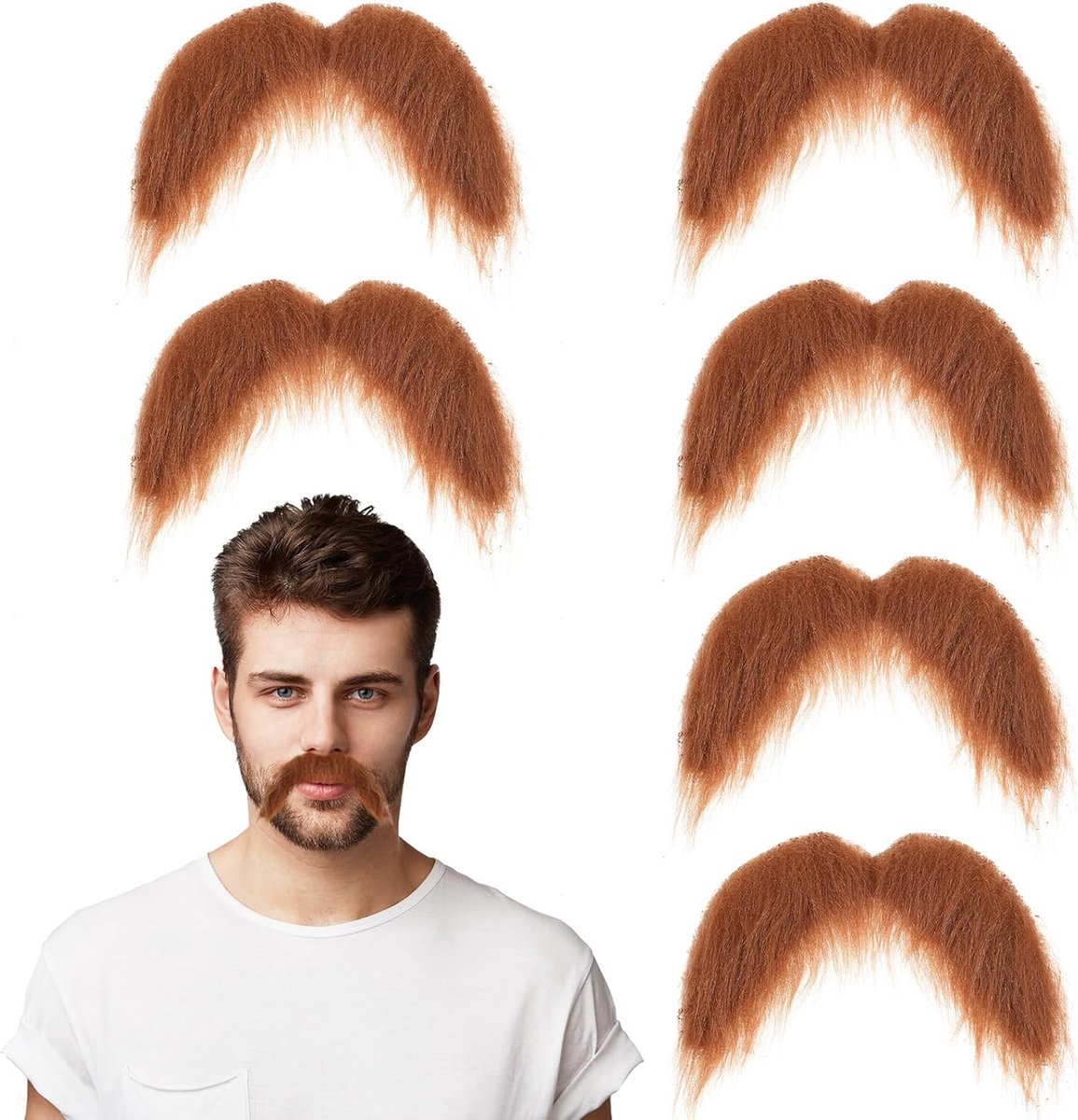 Set van 6 Grappige Snorren voor Carnaval, Realistische Nep Snorren voor Cosplay Accessoires, Themafeesten, Kerst en Halloween (Bruin)