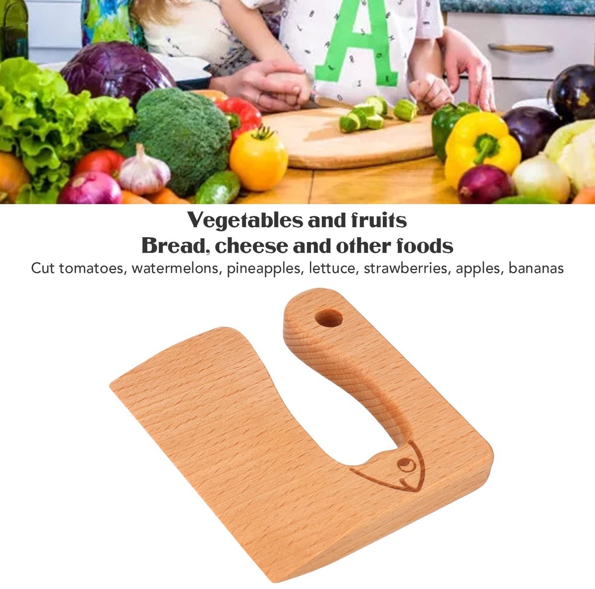 Dailygoods- Keukenmessen Ergonomisch - Houten Snijders - Veilig voor Kinderen - Geschikt voor Groenten en Fruit - Natuurlijk Beukenhout - Verbeter Cognitieve Vaardigheden - Speelgoedmes