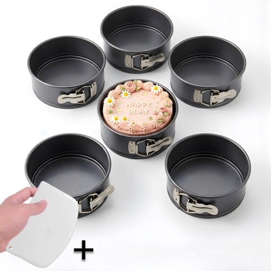 COOCK® Mini Springvorm Set van 5 - Ø 12 cm - Antiaanbak - Kleine Taartvorm voor Bento Cakes & Smash Cakes - Bakblik – Zwart – Incl. Deegschraper