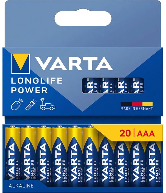 Verpakking met 20 VARTA Longlife Power AAA batterijen, in blauw en geel, met "Made in Germany".