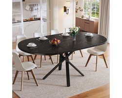FloraGrace Eettafel - Uitschuifbaar Rond Met Marmerlook - Voor Keuken En Eetkamer - MDF En Metaal - 100 Tot 140 Cm - Zwart