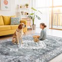 Meisje en hond zitten op een grijs vloerkleed met traditioneel patroon in een woonkamer.