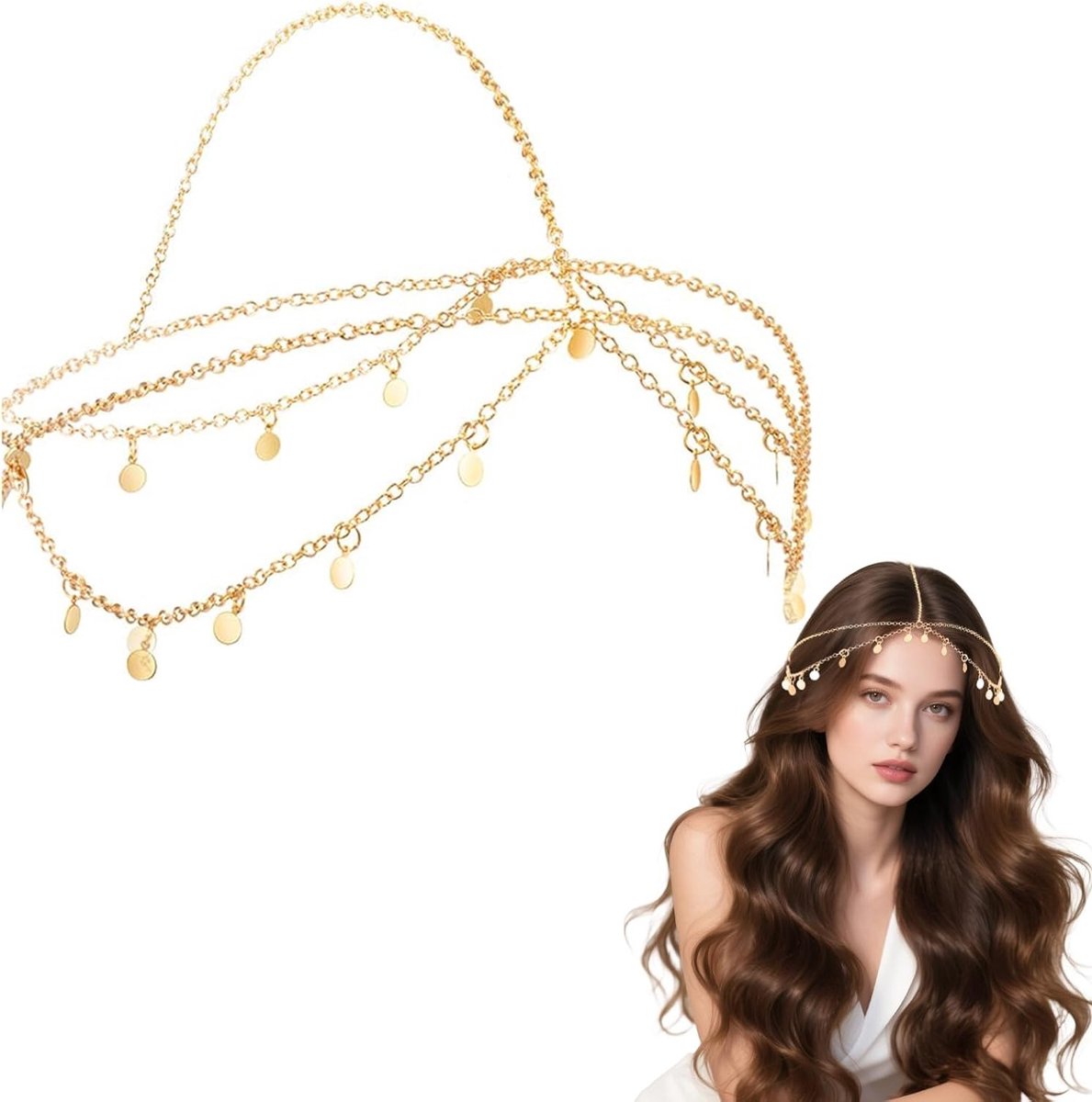 Gouden Boho Hoofdsieraad met Sequins, Laagjes en Geluksbrenger voor Bruids- en Festivaloutfits voor Vrouwen en Meisjes