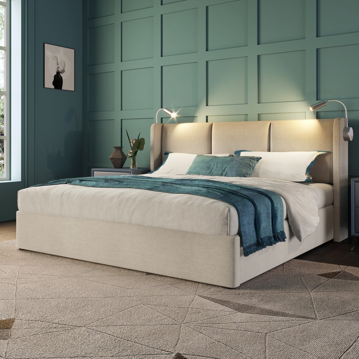 Modern gestoffeerd bed 160x200cm met 2 leeslampjes en USB-poort, grote opbergruimte, voor 