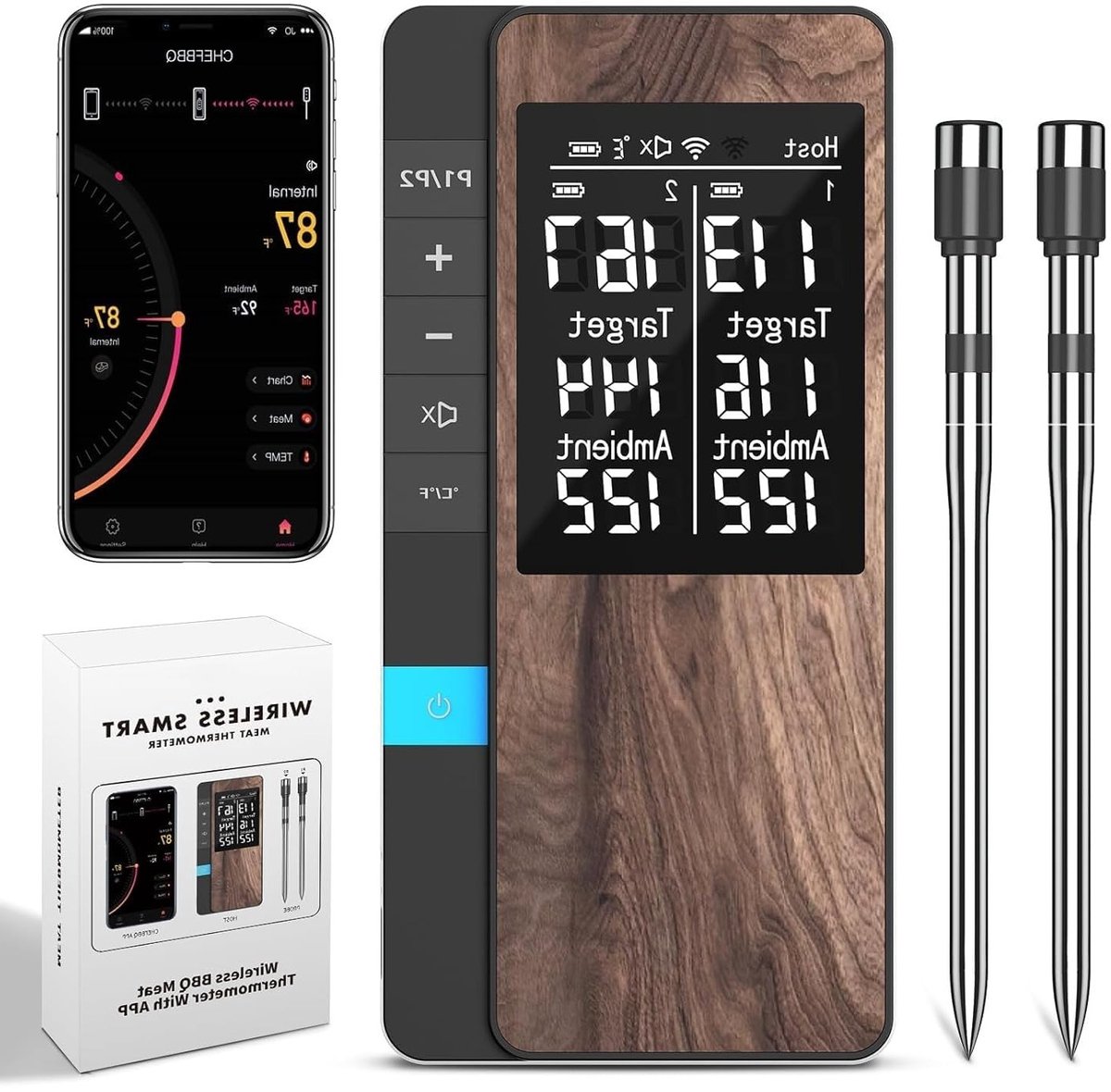 Draadloze Vlees Thermometer met Dubbele Probe, Bluetooth BBQ Thermometer met App, IP67 Waterdicht voor Oven, Grill en Rookoven
