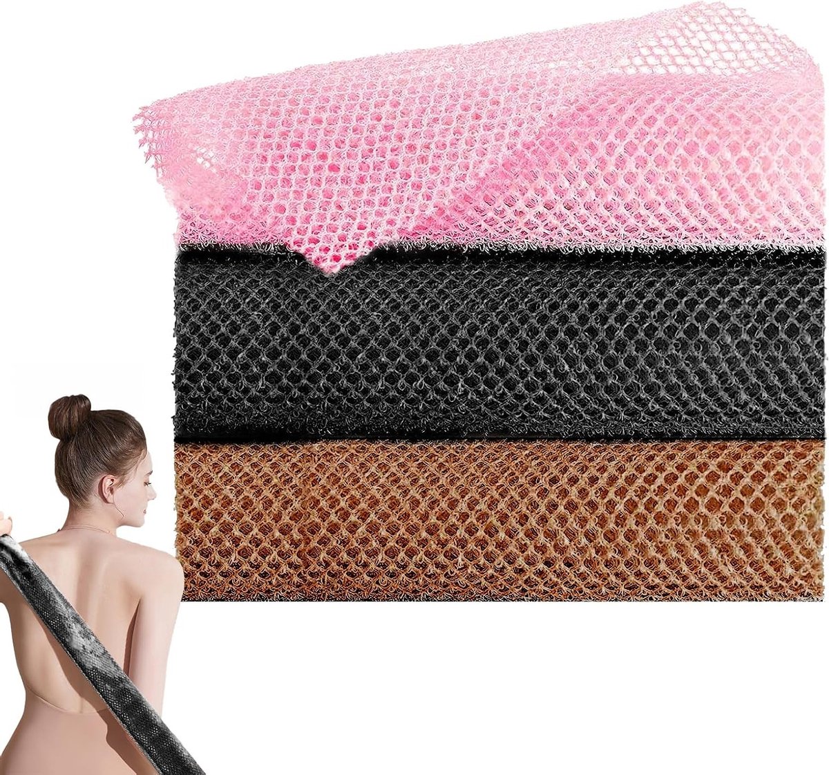 Set van 3 Afrikaanse Net Sponsen, Peeling Spons voor Bad en Douche, Geschikt voor Mannen en Vrouwen (Zwart, Roze, Bruin)