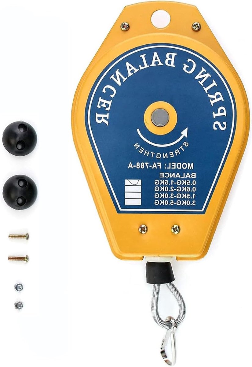 Veerbalancer met draagvermogen 0.5 kg - 1.5 kg voor hangende gereedschappen in montagelijn.