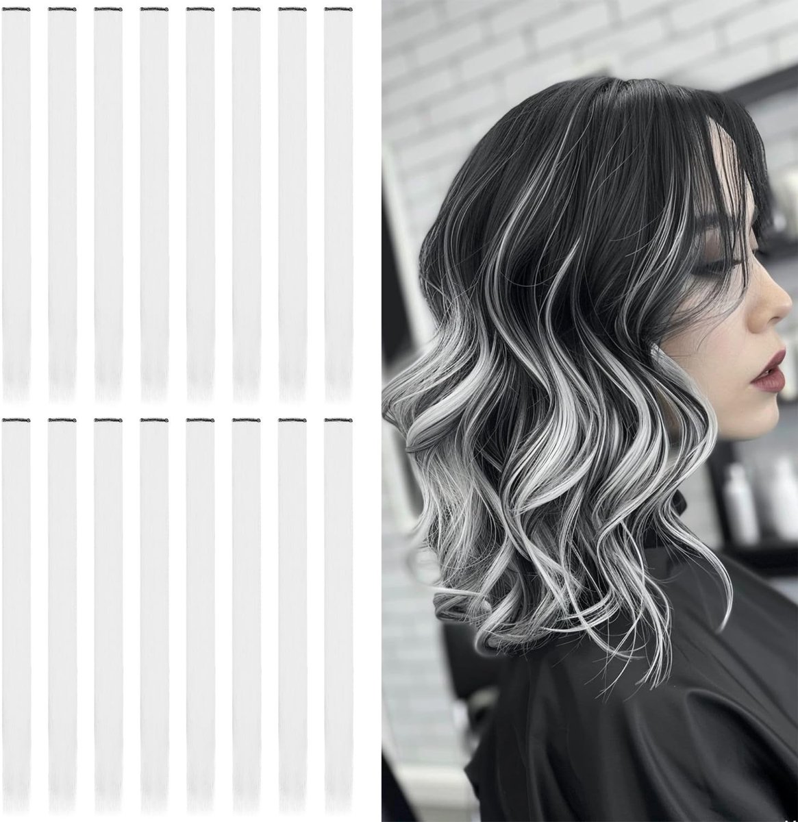 Clip-In Haarextensions - 16 Stuks 22" Synthetisch Steil Haar voor Meisjes en Vrouwen, Met Highlights en Gemakkelijk te Bevestigen