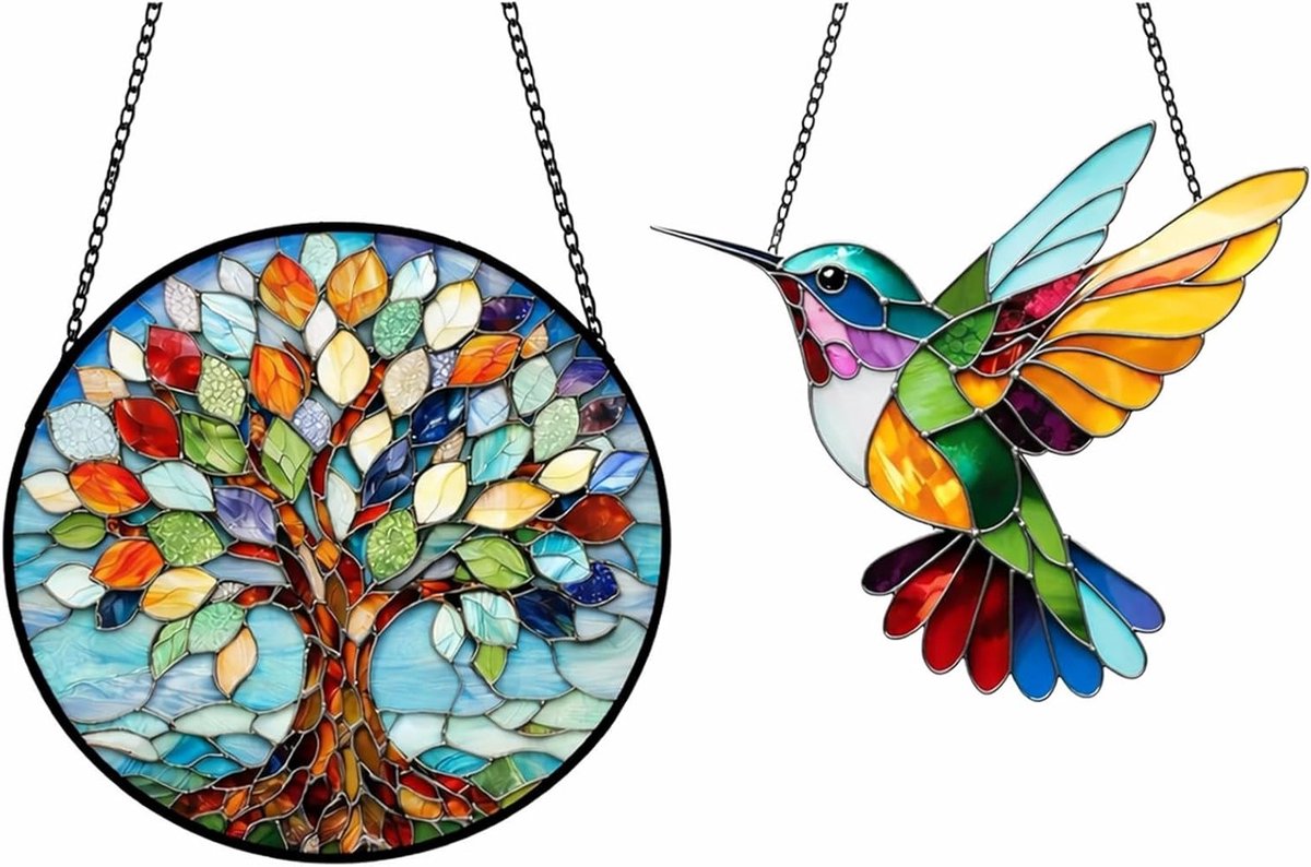 Kleurrijke Zonvanger Set van 2 voor Vensters - Decoratieve Hangende Kolibrie en Ronde Levensboom Lichtdecoratie voor Thuis, Woonkamer, Tuin en Balkon