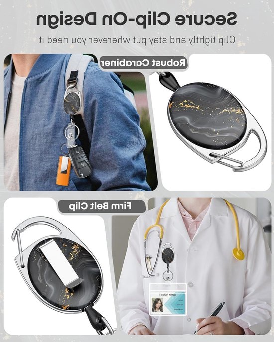 Schattige Retractable Sleutelhanger met Zwart Marmer Design, Stevige Badge Reel voor Sleutels en ID Kaarten, Inclusief Carabiner en Badge Clip — afbeelding 3