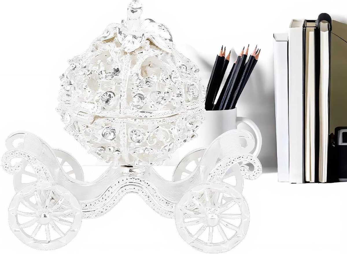 Decoratieve Pompoen Koets voor Halloween - Handgeschilderde Sieradenbox van Kristal - Unieke Juweel Organizer in Zilver, 8.5x5x8 cm