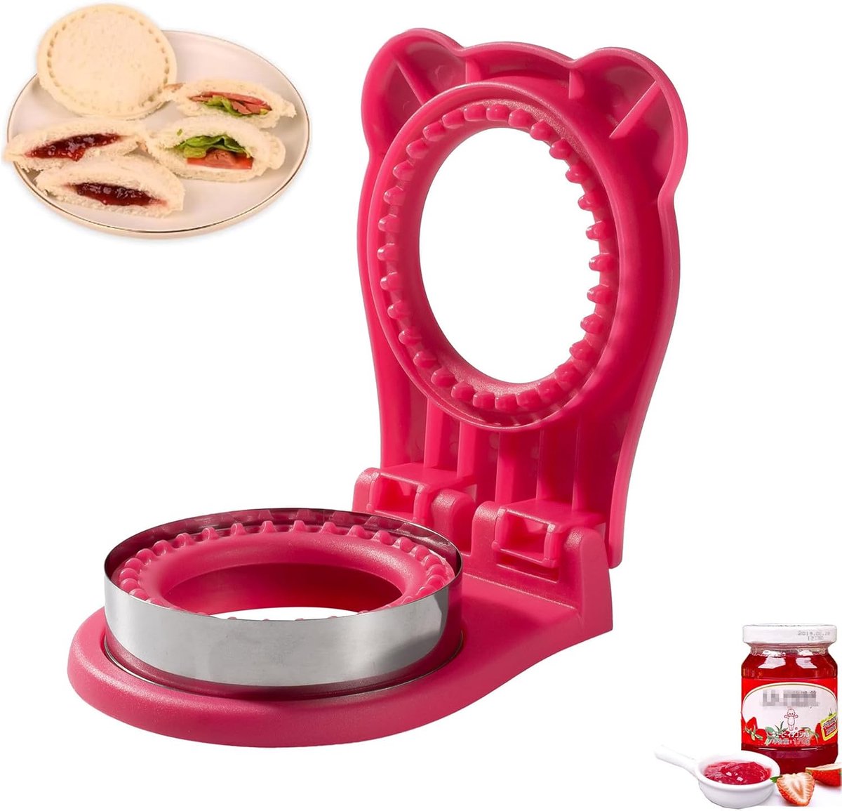 Randloze sandwichmaker, ronde sandwichsnijder en -sluiter, 16,5*12,5 cm, sandwichsnijder voor kinderontbijt en lunchbox (roze rood)