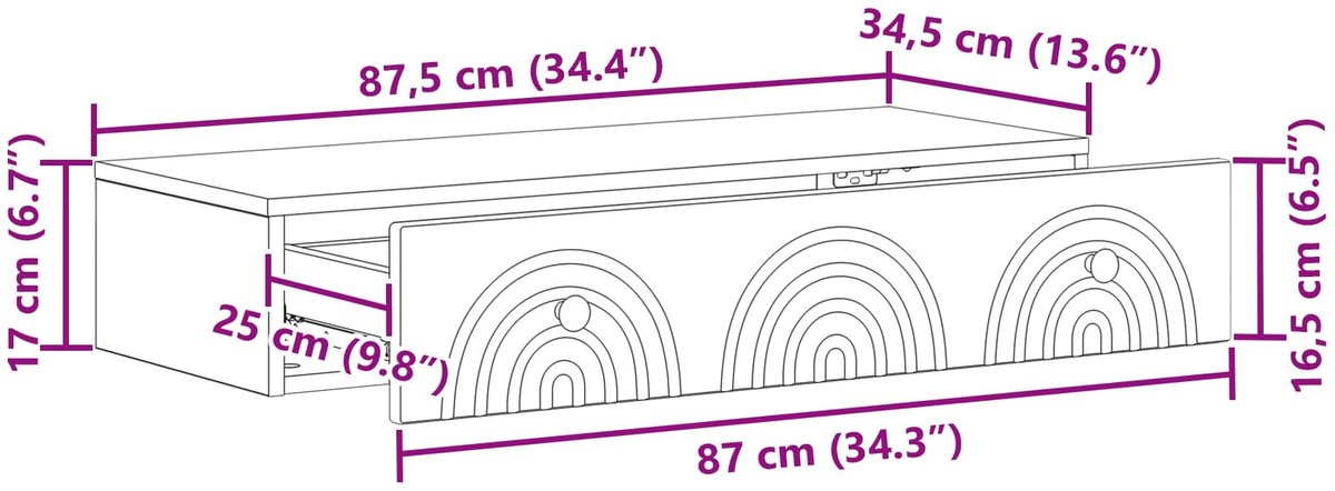 vidaXL Wandgemonteerde - Zijtafel - 87,5 - x - 34,5 - x - 17 - cm - Bewerkt - hout - Zwart
