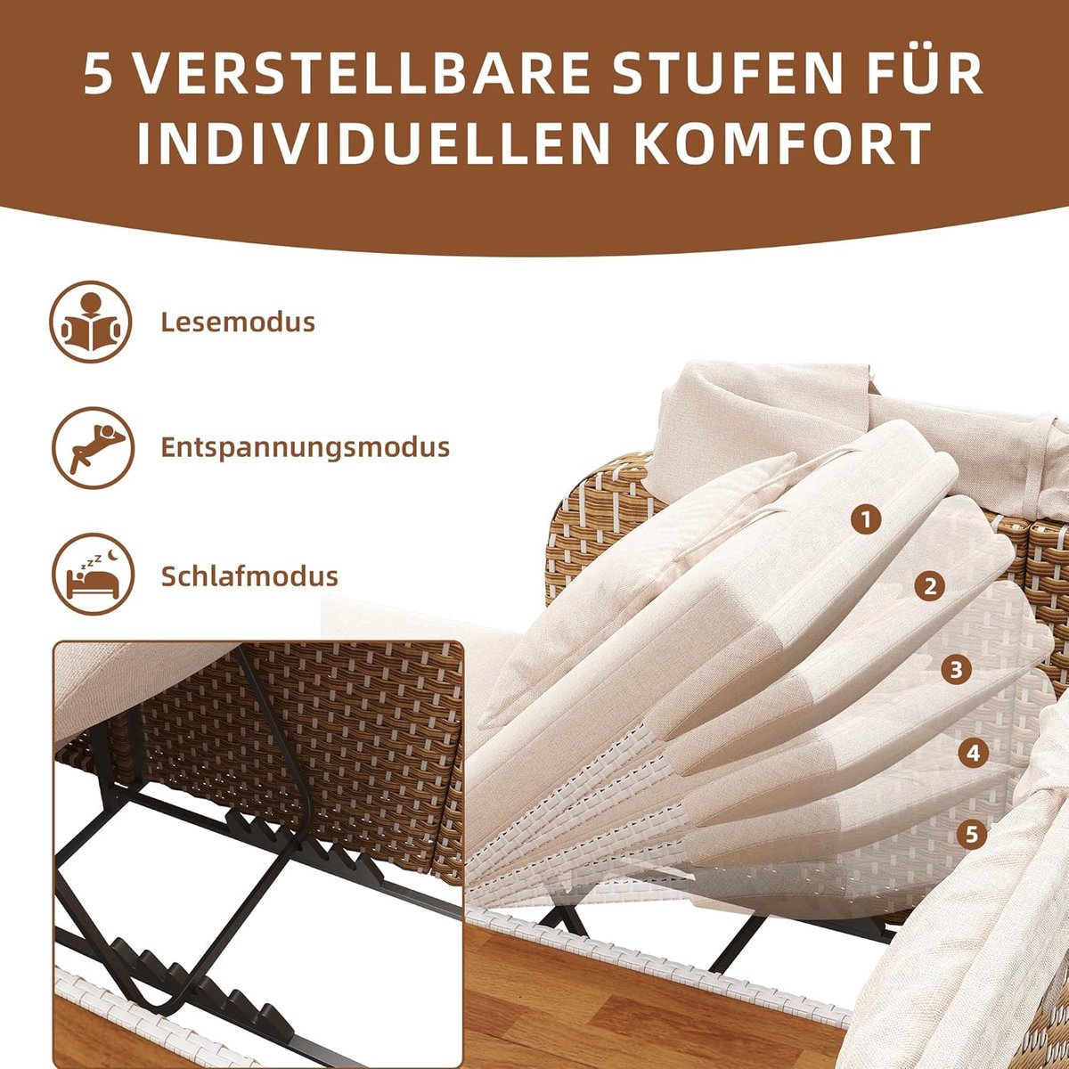 Ligbed 2-Persoons met Zonnedak – abtkantoor Luxe Rattan Zonne-eiland Loungeset met Verstelbare Rugleuning & Bekerhouders – Inclusief 5 cm Kussens – Weerbestendig Tuinbed – Balkon & Terras – Beige